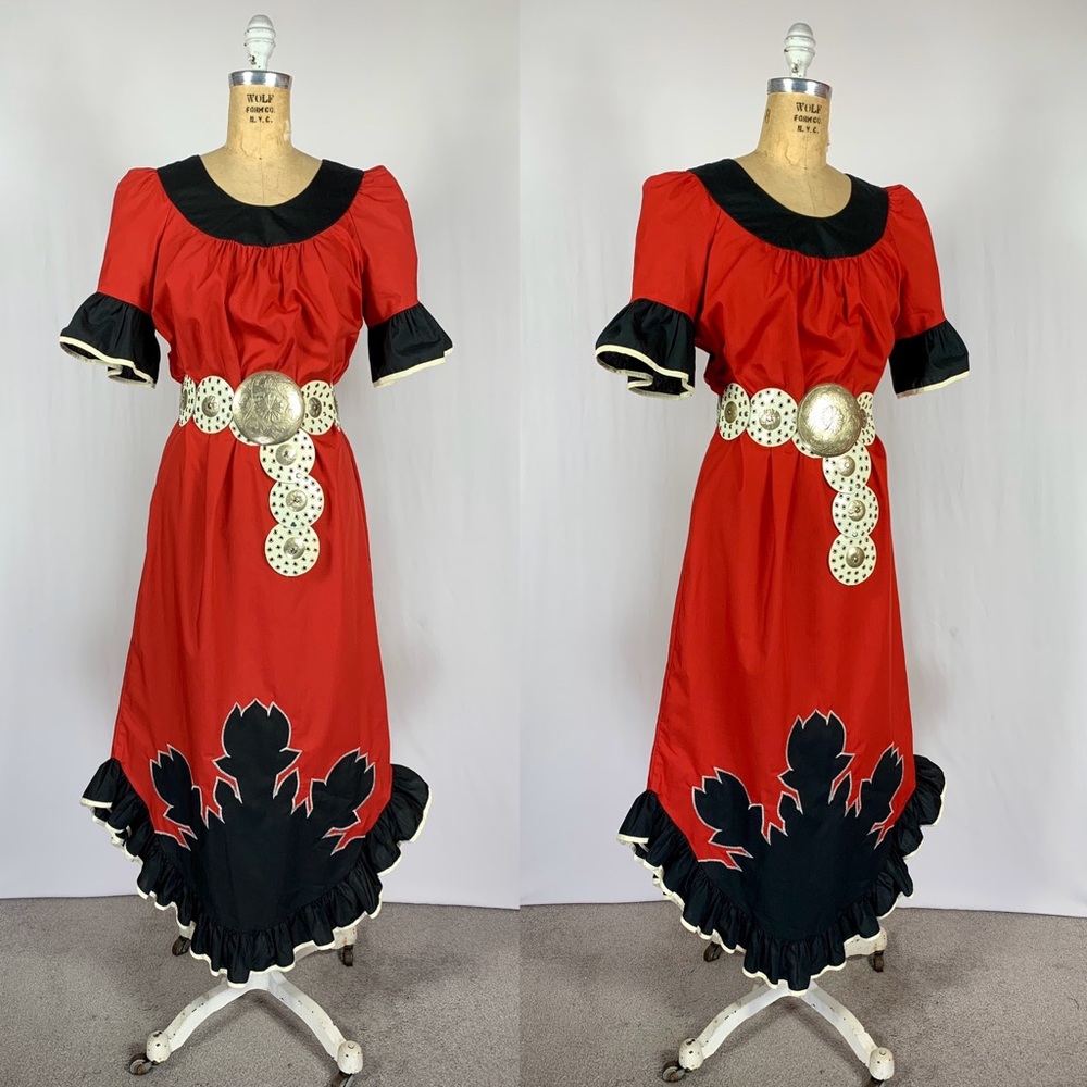 80s Red Navajo Floral Border Western Prairie Dress